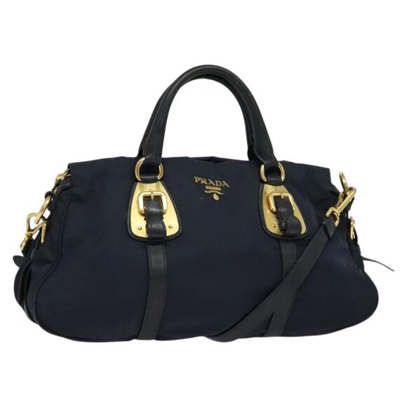 PRADA Tote Bag Nylon 2way Navy Gold Auth PP893 - Picture 1 of 16